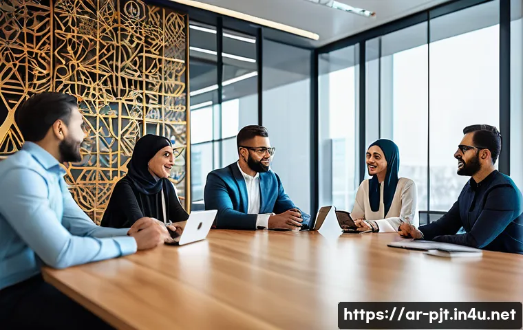 프로젝트 관리와 Agile 방법론 - A modern Arabic office scene showing a diverse team of professionals engaged in a short daily meetin...