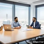 Scrum 마스터와 PM의 차이점 - A detailed office scene illustrating a diverse Agile team in a modern Middle Eastern workspace, feat...