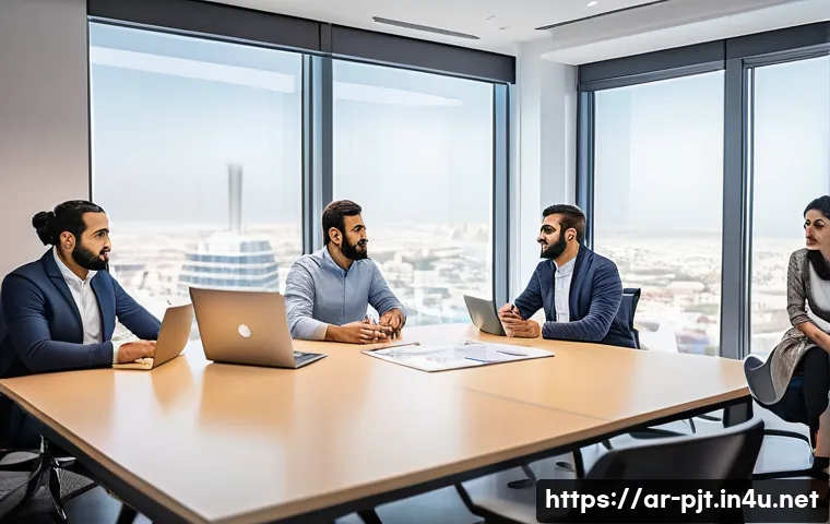 Scrum 마스터와 PM의 차이점 - A detailed office scene illustrating a diverse Agile team in a modern Middle Eastern workspace, feat...