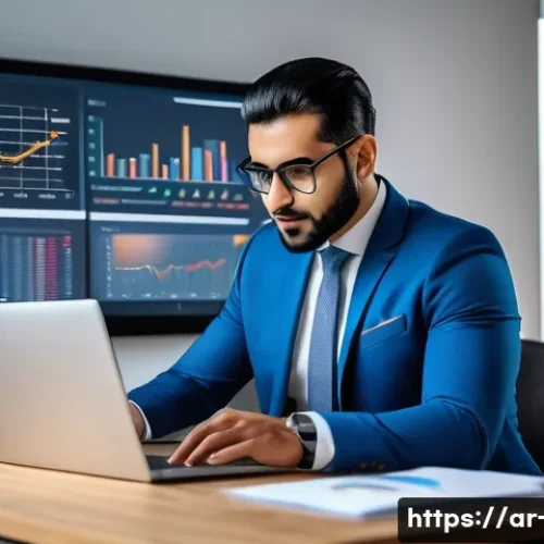 프로젝트 관리 직무별 연봉 데이터 - A professional Arab project manager in a modern office environment, dressed in formal business attir...