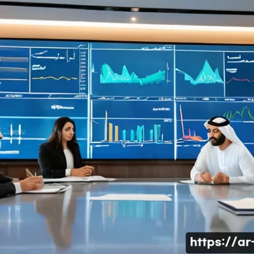 프로젝트 매니저가 알아야 할 경제 트렌드 - A detailed scene of a modern Middle Eastern project management office with Arabic-language financial...