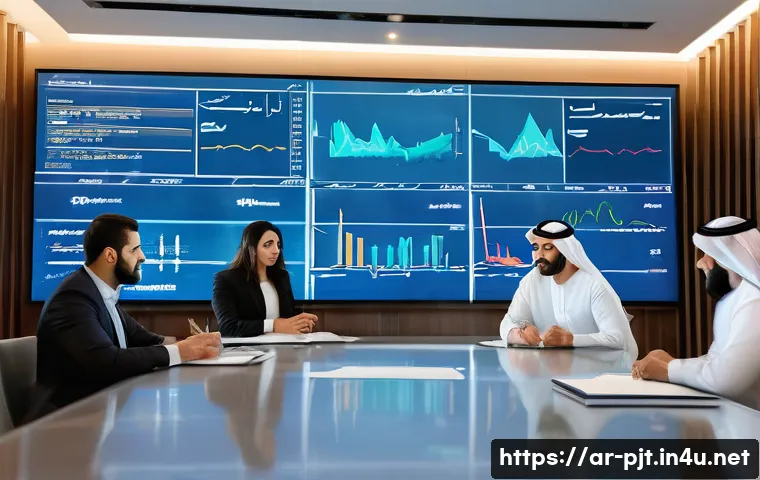 프로젝트 매니저가 알아야 할 경제 트렌드 - A detailed scene of a modern Middle Eastern project management office with Arabic-language financial...