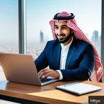 PM을 위한 자기 계발 앱 - A modern Middle Eastern office setting with an Arab male project manager in business casual attire u...
