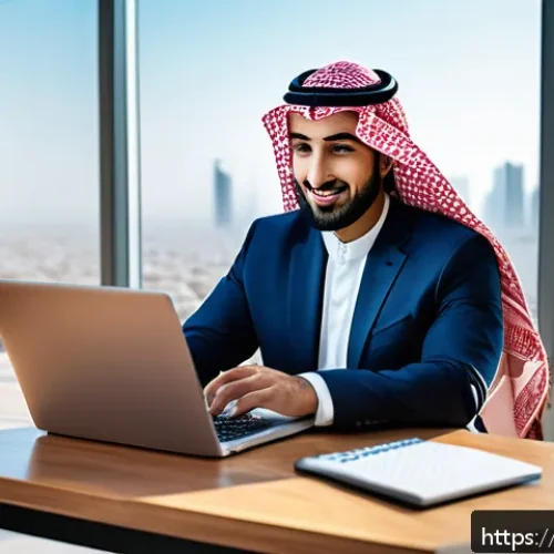 PM을 위한 자기 계발 앱 - A modern Middle Eastern office setting with an Arab male project manager in business casual attire u...