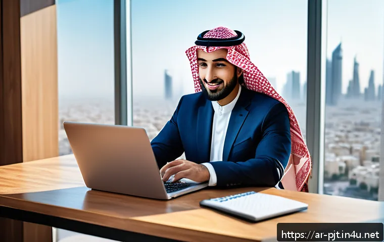 PM을 위한 자기 계발 앱 - A modern Middle Eastern office setting with an Arab male project manager in business casual attire u...