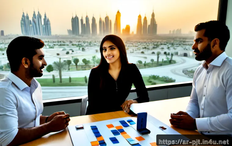 애자일 프로젝트 관리 이론과 실제 - Photorealistic modern project workspace in Dubai, diverse Arab software team gathered around a large...