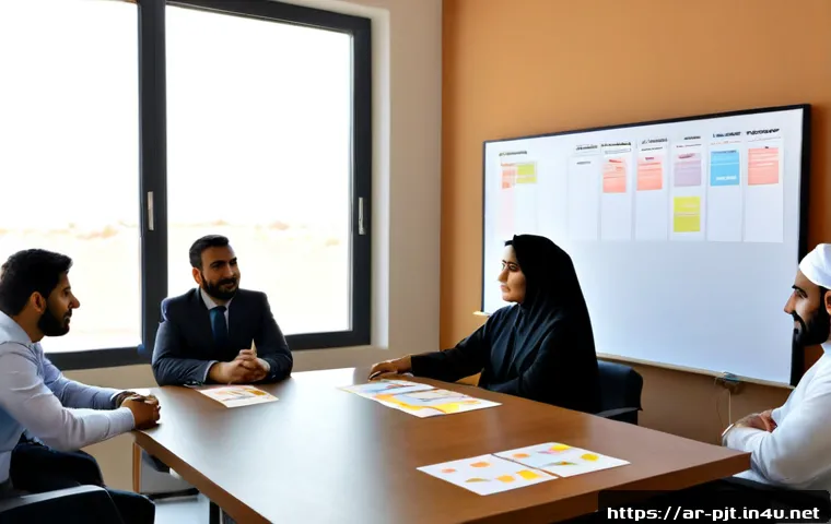 프로젝트 관리에서의 문화적 차이 해결법 - Photorealistic project management meeting in a modern Gulf-region office, diverse Arab and internati...