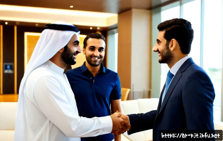 PM으로 성공하기 위한 네트워킹 팁 - Photorealistic professional networking scene in a modern Middle Eastern business lounge, confident A...